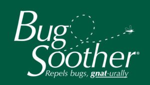 The Bug Soother logo in white letters on a green background, along with the phrase, "Repels bugs, naturally"