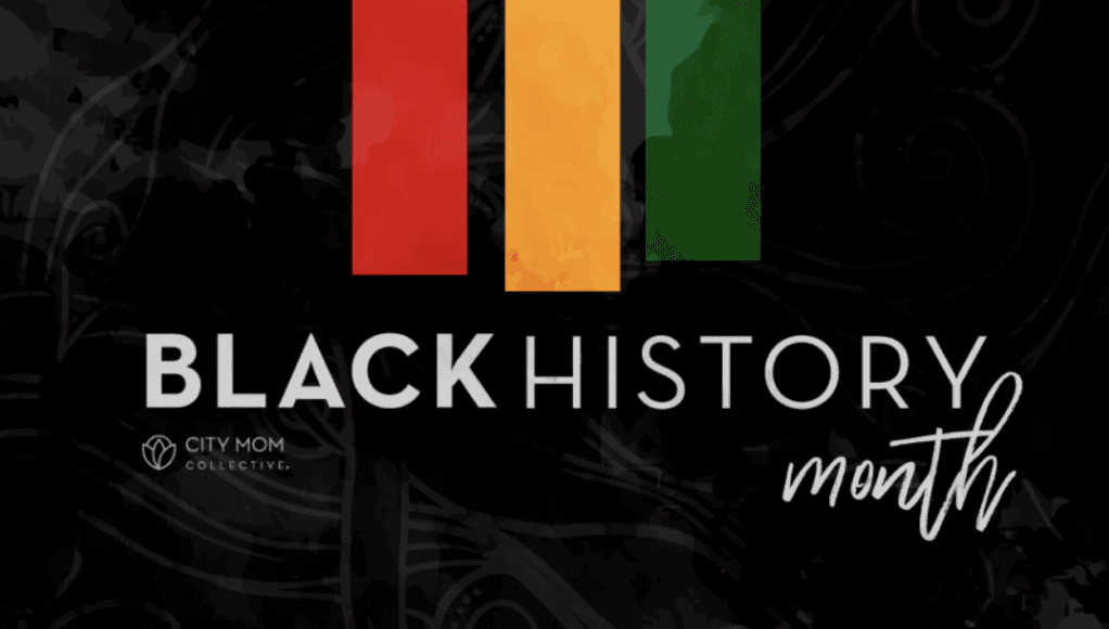 A Black History Month graphic on a black background with a red, yellow, and green stripe
