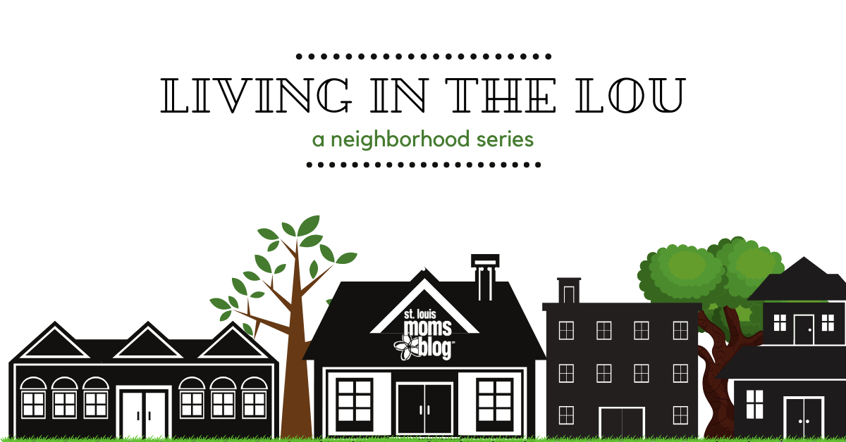 A graphic of buildings and houses to look like a neighborhood with the words, "Living in the Lou, A Neighborhood Series" across the top