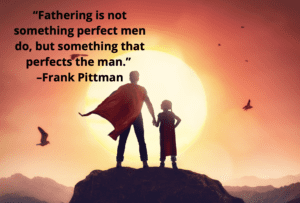 A father in a superhero cape standing on a rock, holding a child's hand as the sun sets. 