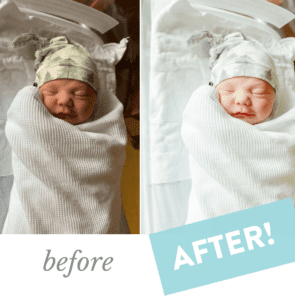 Identical side-by-side photos of a newborn baby, one with free photo editing added to enhance the photo