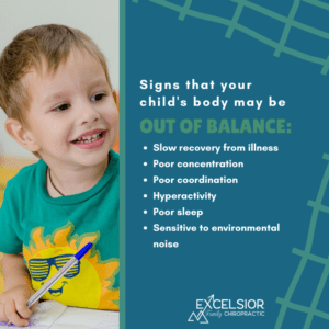 a smiling child next to a list of signs that a child may need to see a chiropractor