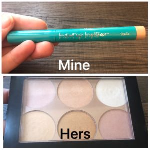 a side by side photo of highlighting make-up, one in a stick and one in a palette