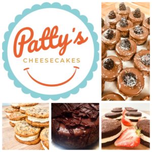 a variety of cheesecake flavored treats with Patty's Cheesecakes logo