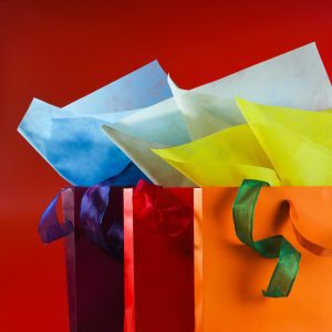 a purple, red, and orange gift bag with different coloured tissue paper lined up against a red background