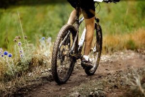 a close up of bike wheels on a muddy trail as a cyclist goes for a ride
