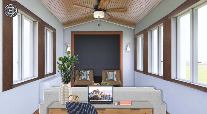 a sunroom turned into a home office with the help of an online design service