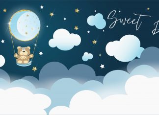 a cartoon teddy bear floating in a hot air balloon up in the clouds with the words, "Sweet Dreams"