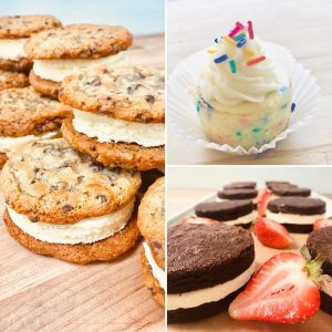 a collage of cheesecake desserts including chocolate chip cookies stuffed with cheesecake