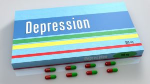 a light blue box with red, yellow, and green stripe and the word DEPRESSION across the front, with 8 pills lined up next to it