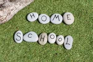 Home School is spelled out on individual rocks in the grass