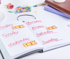 A weekly planner with the word "sex" scheduled three times that week.