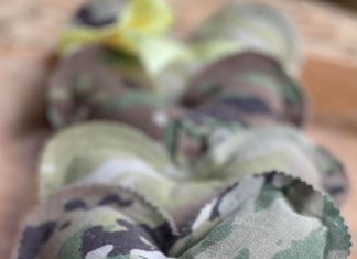 little stuffed hearts made from camouflage military fatigues
