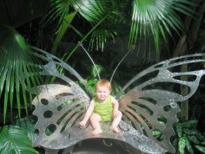 a baby sitting on a butterfly metal bench at the Butterfly House in St. Louis
