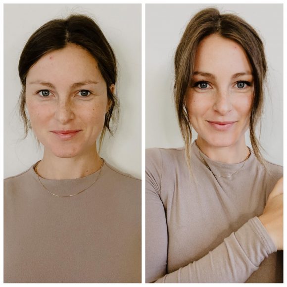 before and after photo of a woman without makeup and with makeup and clean skincare