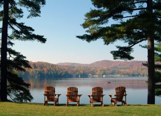 four Adirondack chairs lined up between two trees at a lakeside