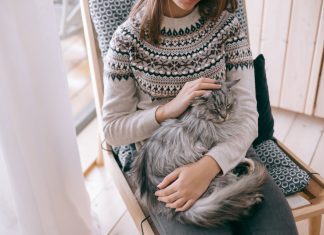 a woman sitting on a chair with a cat on her lap