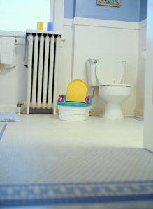 a potty training seat next to a toilet in a blue and white bathroom