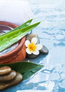 a soothing scene of flowing water, stones, and flowers to symbolize a massage set up
