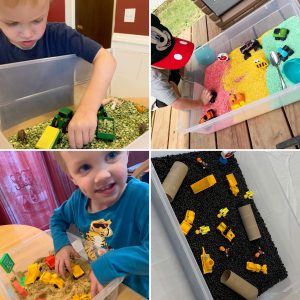 a collage of sensory bins for autism awareness month