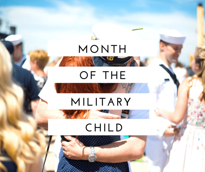 a woman hugging a sailor, with the words, "Month of the Military Child" in a banner across the photo