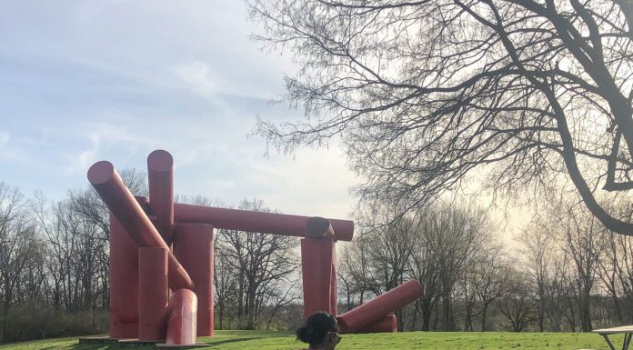 a mom with a baby in a carrier on her back, and her toddler walking next to her as they explore a park