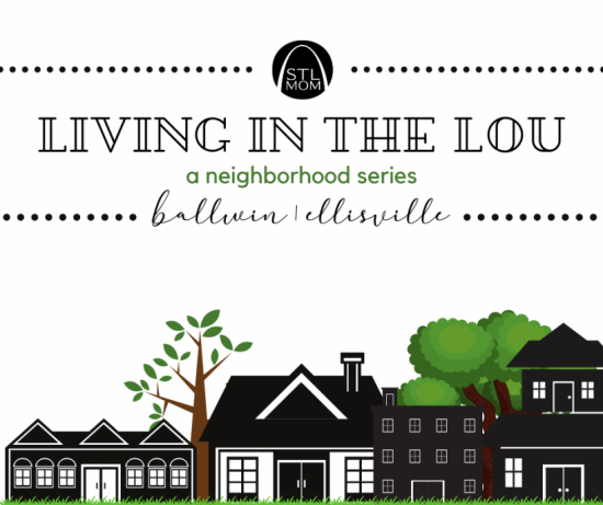 a sketch of a neighborhood street of houses and trees, with the heater, "Living in the Lou: A Neighborhood Series" along the top, and the town names, Ballwin and Ellisville