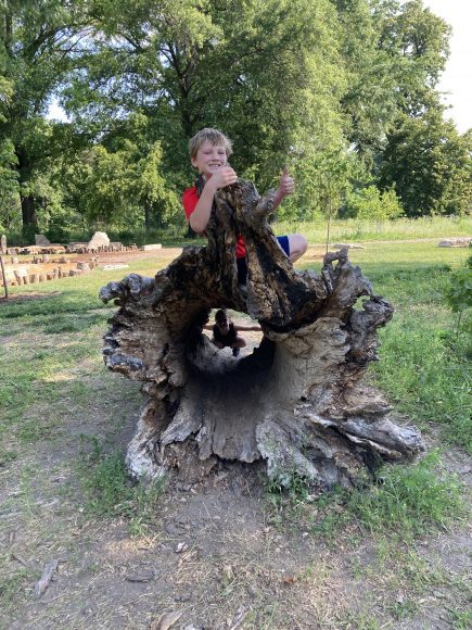 a boy climbing on a hollow log at Forest Park’s Nature Playscape in St. Louis