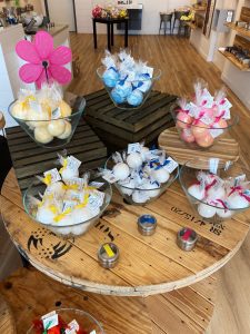 bowls of soap displayed on wooden crates on a table at a soap shop in Edwardsville, IL