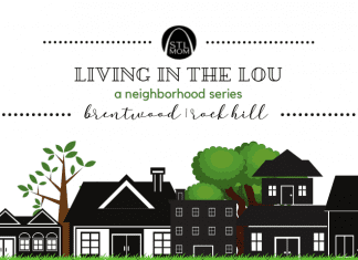 a black and white sketch of homes in a neighborhood, with green trees poking up behind and the banner, “Living in the Lou: Brentwood / Rockhill” up top