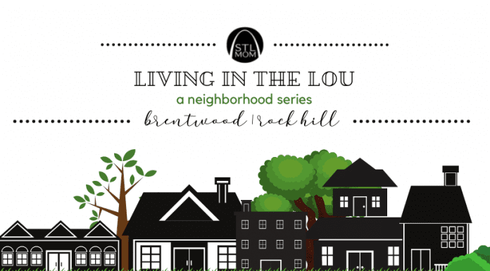 a black and white sketch of homes in a neighborhood, with green trees poking up behind and the banner, “Living in the Lou: Brentwood / Rockhill” up top