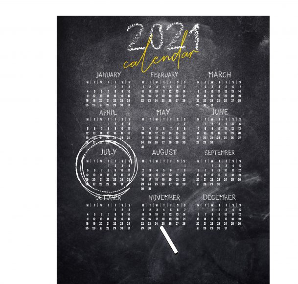 a 2021 chalkboard calendar with the month of July circled in chalk