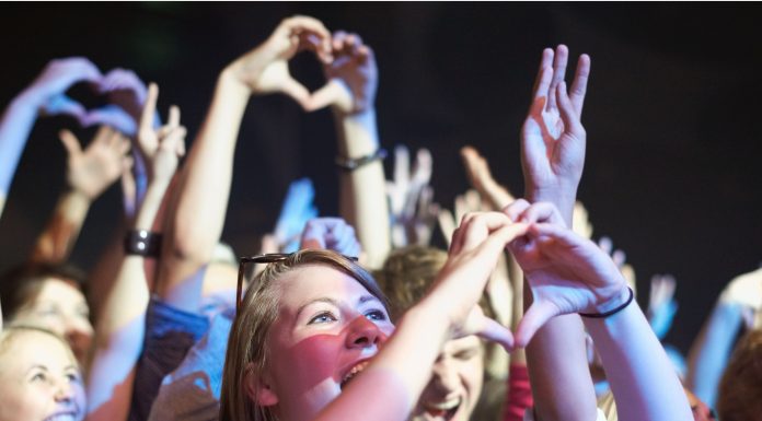 an adoring crowd of fans making hearts with their hands for the musicians on stage