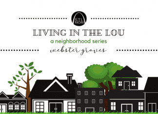 A black and white image of a neighborhood with various homes, and green trees in the background with the title, “Living in the Lou, A Neighborhood Series: Webster Groves"