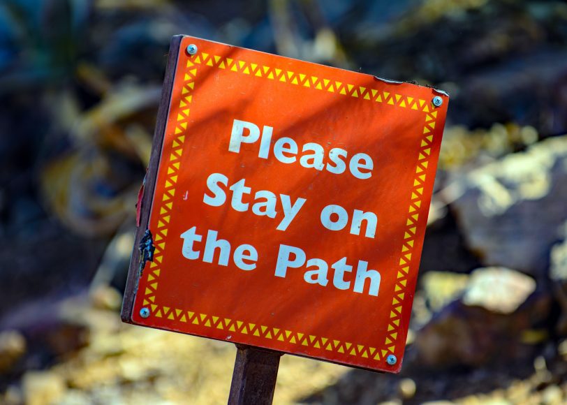 bright sign that says 'please stay on the path’ used as it pertains to business self-help books