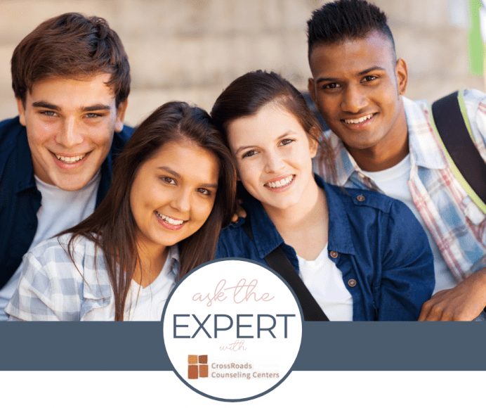 Four teenagers smiling, with a “ask the expert” logo for a post about adolescent mental health