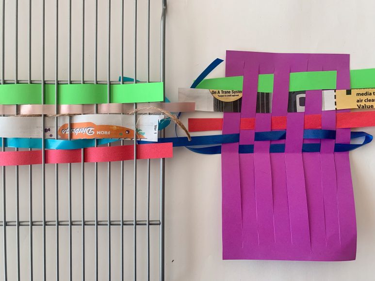 weaving construction paper strips through a baking rack and a sheet of paper with strips cut into it to demonstrate process art making with kids