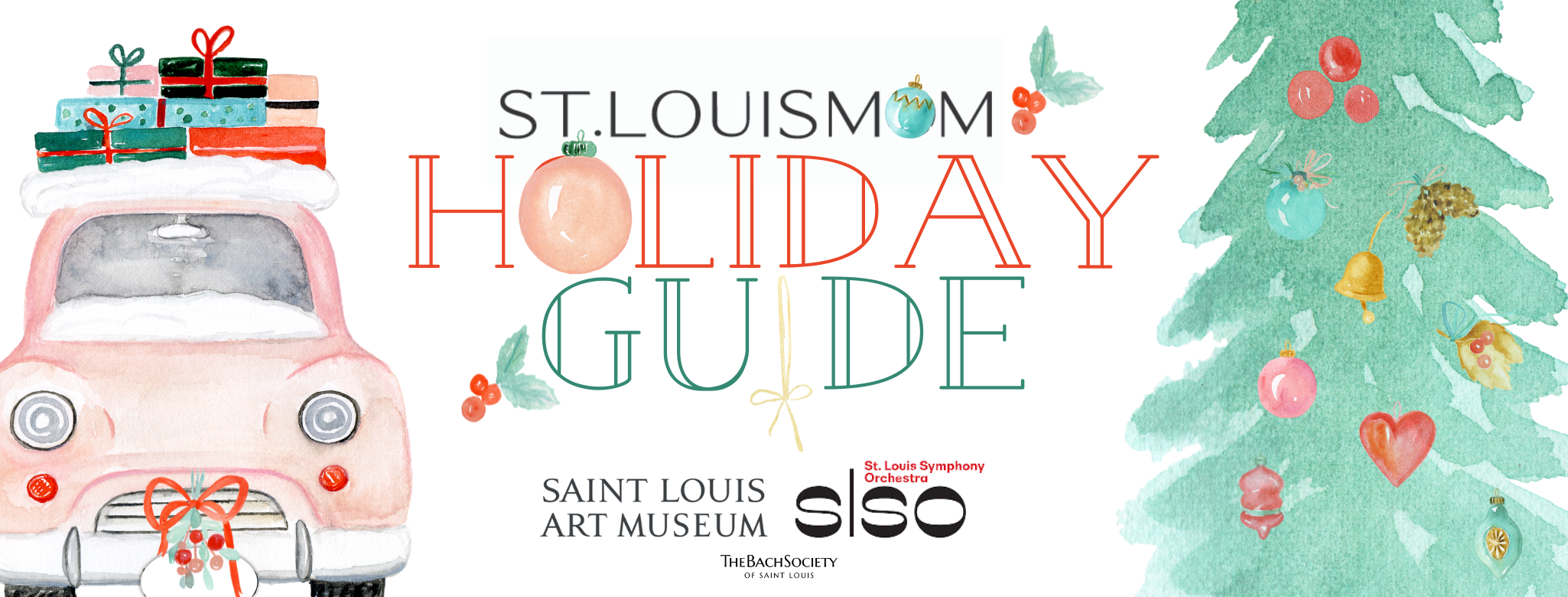 A watercolor old fashioned pink car loaded up with gifts next to a watercolor Christmas tree with the title, "St. Louis Mom Holiday Guide"