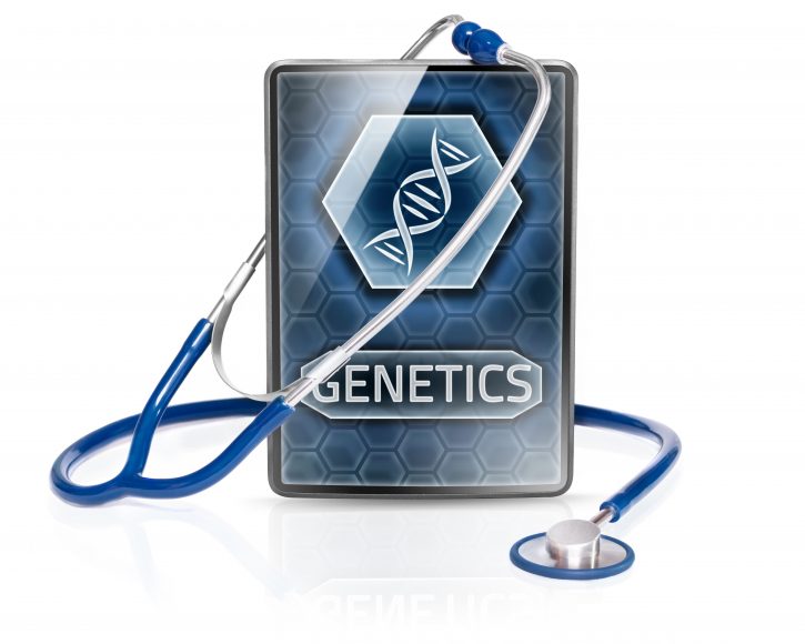 a sign that says Genetics with the DNA symbol on it with a stethoscope