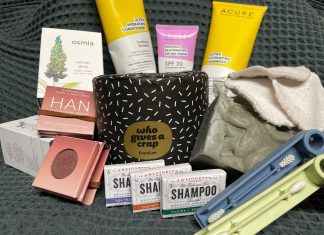 My Sustainable Swaps: Three Years Later Eco-Friendly swaps for the bathroom including shampoo, toilet paper, eye shadow, bar soap, facial products, swabs and cotton rounds.