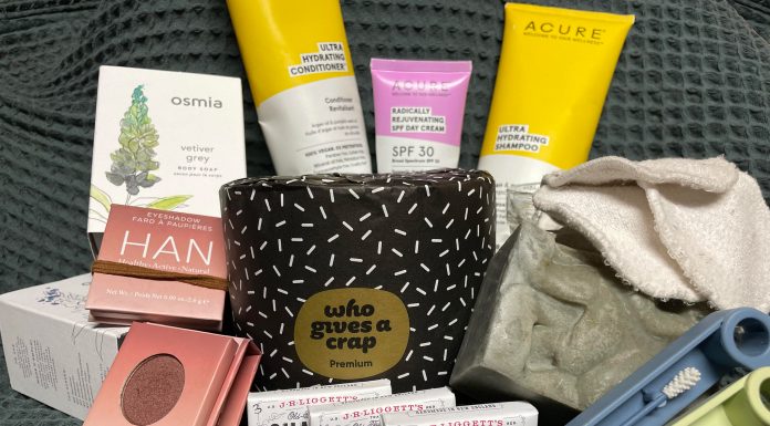 Eco-Friendly swaps for the bathroom including shampoo, toilet paper, eye shadow, bar soap, facial products, swabs and cotton rounds.