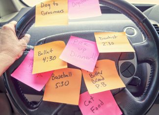 a steering wheel covered with post it notes of to-dos
