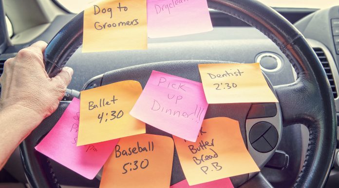 a steering wheel covered with post it notes of to-dos