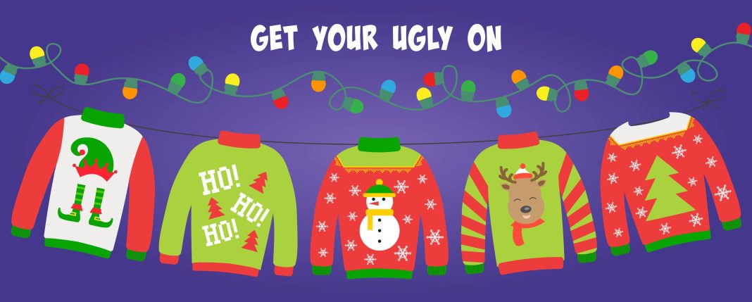five ugly sweaters laid out under a string of Christmas lights, with the phrase, “Get Your Ugly On"