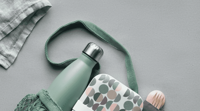 a lunch bag with a reusable water bottle