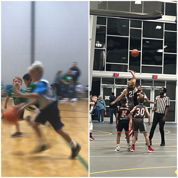 a split photo with a boy as a preschooler playing basketball on the left, and now as a middle schooler playing basketball on the right