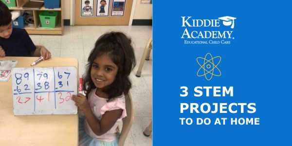 Kiddie Academy logo with a photo of a child doing STEM activities