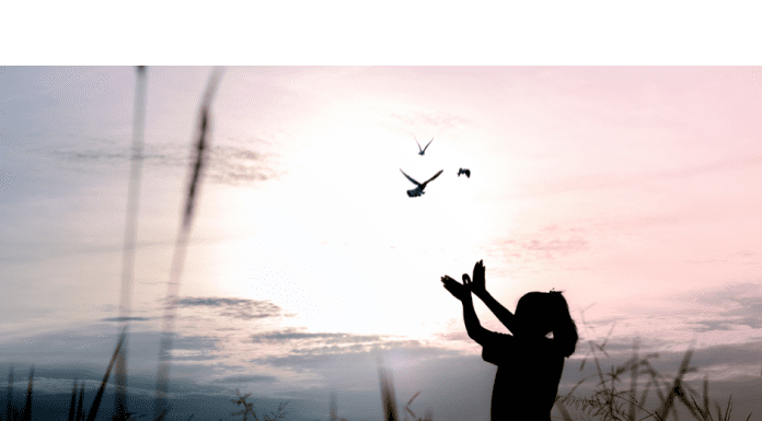 a woman with hands outstretched as birds fly off into the sunset in the sky