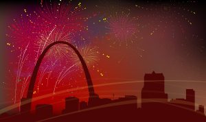 fireworks behind the Gateway Arch in St. Louis