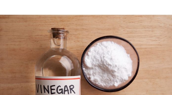 a bottle of vinegar next to a bowl of baking soda